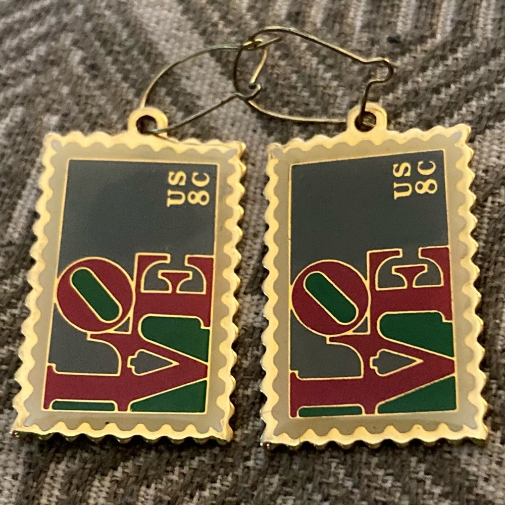 JONATHON GRAY & ASSOCIATES Signed, Gold, Black & Red LOVE Postage Stamp Earrings